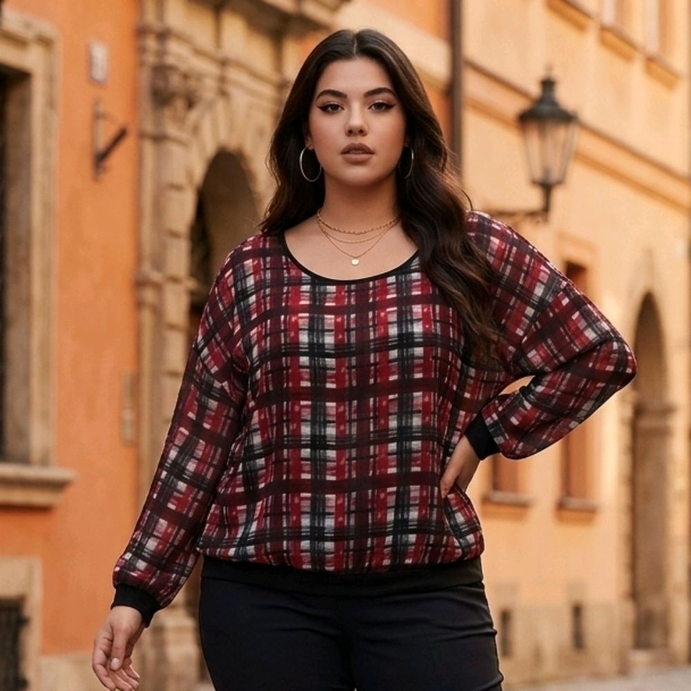 Torrid Plaid Sheer Blouse Size 2 2X Red Black Banded Hem Dolman Sleeve Top